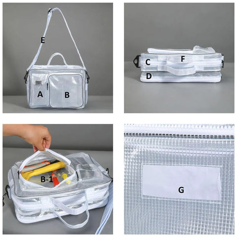 Clear Antistatic Crossbody Tool Bag Hella Durable Cold Pvc Build For Field Engineers And Tech Crews, showing handles and tool storage.