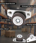Mini Side Mount Caster Wheels Low Profile Rigid Non Swivel Rollers For Sliding Doors Drawers And Cabinets Slick Quiet Rubber Tires Smooth Rolling Solid Setup Four Pack 1.25 Inch with stainless steel bracket and rubber wheel.