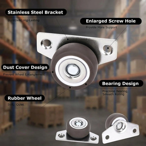 Mini Side Mount Caster Wheels Low Profile Rigid Non Swivel Rollers For Sliding Doors Drawers And Cabinets Slick Quiet Rubber Tires Smooth Rolling Solid Setup Four Pack 1.25 Inch with stainless steel bracket and rubber wheel.
