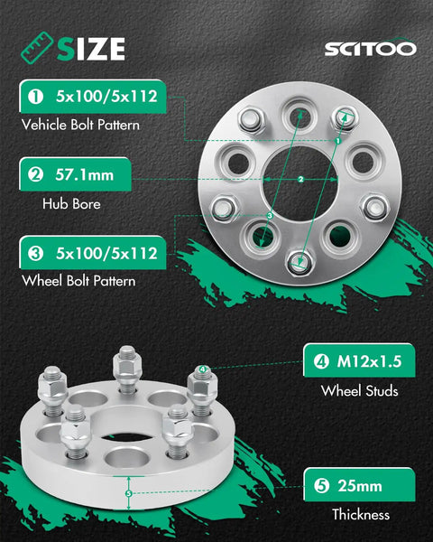 Two 1 Inch Wheel Spacers Adapters For 5x100 To 5x112 Conversion With 57.1 Mm Hub Bore And 12x1.5 Studs 2 Pack Forged 6061 Aluminum