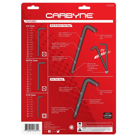 Packaging of All-In-One 35 Piece Long Arm Ball End Hex Key Wrench Set with SAE Metric and Torx Bits, detailed features