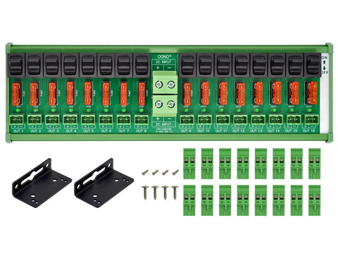16 Channel Power Distribution Module With Rocker Switch And Fused Pluggable Side Wiring Terminal Block DIN Rail And Screw Mount Supports