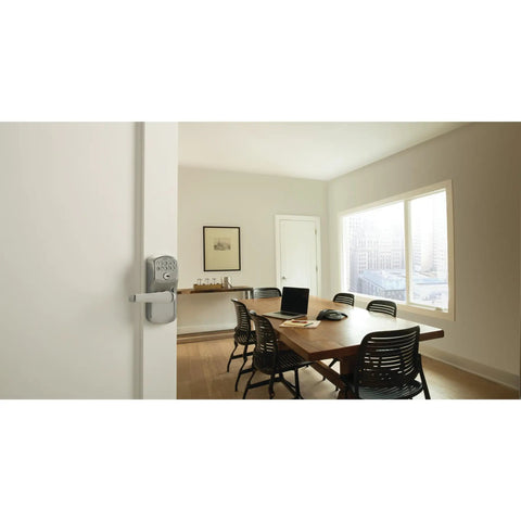 Plymouth Satin Chrome Light Commercial Electronic Keypad Entry Lock With Elan Lever for exterior doors installed in office