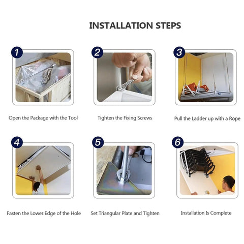 Installation steps for Heavy Duty Electric Attic Ladder With Smart Remote Pull Down Folding Staircase, showing screws and assembly.