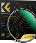 Shatterproof Pro-Grade MCUV Lens Protection Filter With 28 Multi-Layer Coatings, 77mm, in front of Nano-X Series packaging