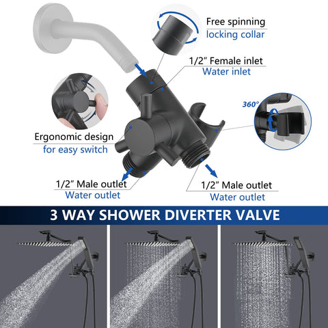 Diagram showing 3-way diverter for All Metal Shower Head And Handheld Combo For High Pressure 10 Inch Square Rainfall, matte black.