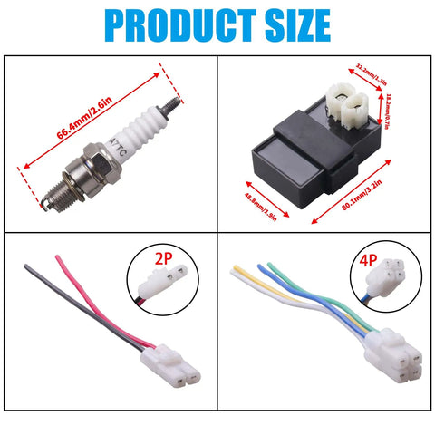 Six Pin DC CDI Box For GY6 4 Stroke Scooters And ATVs Ride Ready Replacement dimensions and connectors shown