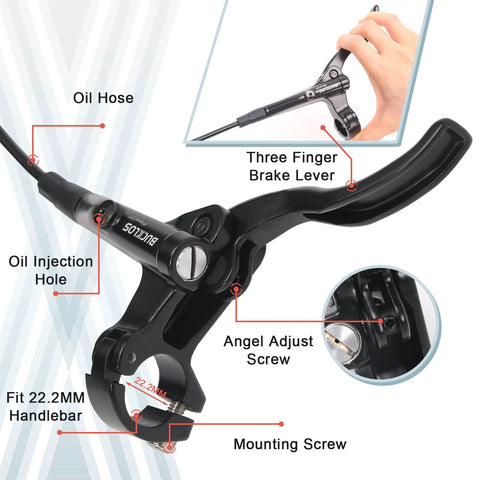 BUCKLOS MTB hydraulic disc brake lever and caliper; black aluminum alloy, three-finger lever, close-up view