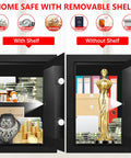 Massive Home Safe Box For Cash And Valuables With Digital Keypad, Fireproof And Waterproof Design, shown with and without shelf.
