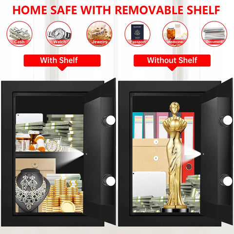 Massive Home Safe Box For Cash And Valuables With Digital Keypad, Fireproof And Waterproof Design, shown with and without shelf.
