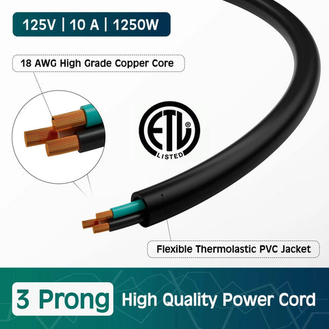 Beefy 3 Prong Replacement Power Cord 20 Ft Heatproof Flexible Durable AC Cable For Appliances Computer TV Monitor Printer 125V 10A ETL Listed 18AWG With Tie Straps