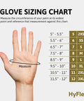 Glove sizing chart with hand measurement for proper fit; includes size ranges from 2XS to 3XL.