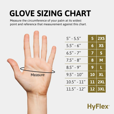Glove sizing chart with hand measurement for proper fit; includes size ranges from 2XS to 3XL.