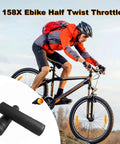Half Twist Throttle For 22.2mm Handlebar Right Side Plug And Play Universal E Bike And Scooter Throttle Replacement With 3 Pin Waterproof Connector For 12V To 72V Systems, shown with cyclist on mountain bike.