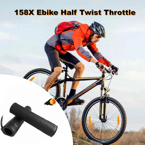 Half Twist Throttle For 22.2mm Handlebar Right Side Plug And Play Universal E Bike And Scooter Throttle Replacement With 3 Pin Waterproof Connector For 12V To 72V Systems, shown with cyclist on mountain bike.