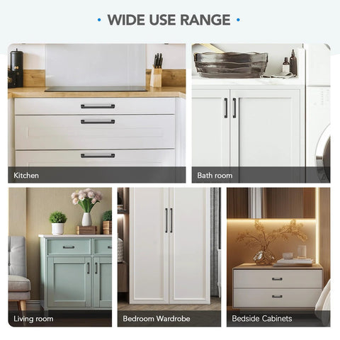 10 Pack 5 Inch Matte Black Cabinet Handles Made From Solid Zinc Alloy shown on various furniture in kitchen, bathroom, living room, bedroom.