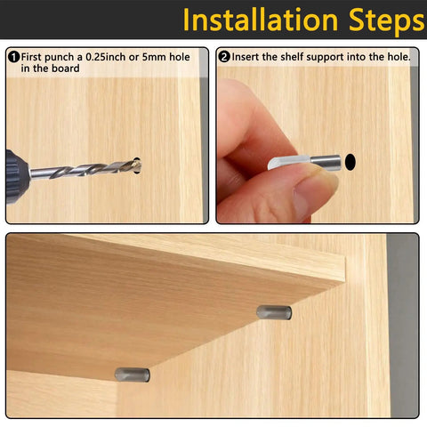 Installation steps for Heavy Duty Twenty Pack Stainless Steel Shelf Support Pegs With Silent Rubber Liners For 5 Mm And Quarter Inch Cutouts.