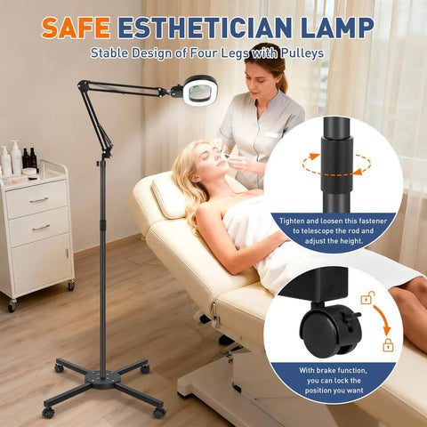 12x Large Floor Magnifying Glass With Light And Stand for up-close work with esthetician and client on treatment bed.