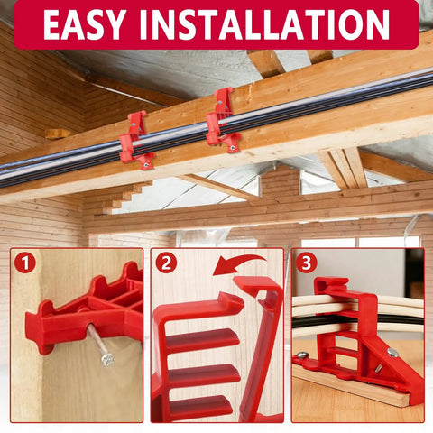 Sihai 10 Pack Hammer In Insulated Cable Staples with red clamps installed on wooden beam for wiring organization.