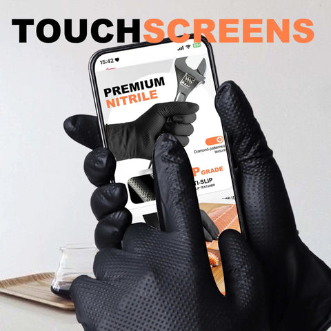 Thick 8 Mil Black Nitrile Gloves Heavy Duty Disposable Work Gear With Serious Diamond Grip Touchscreen Ready being used on a smartphone.