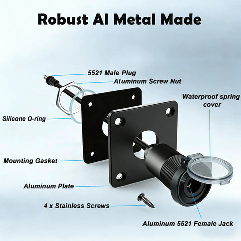 Exploded view of Aluminum Wall Pass Through Kit For RV And Boat Waterproof 12V 5A 60W DC Female Socket Connector components.