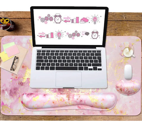 4 In 1 Large Gaming Mouse Pad For Gamers With Keyboard Wrist Rest And Mouse Wrist Support Extended Waterproof Desk Pad For Home Office Study And Gaming Pink Gold Marble Finish