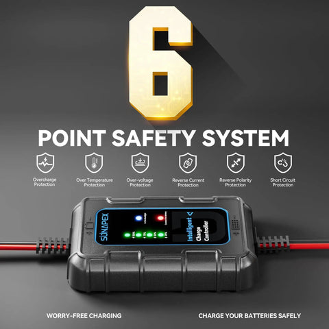 10 Amp 12 Volt PWM Solar Charge Controller With LED Display IP67 Waterproof showing 6-point safety system