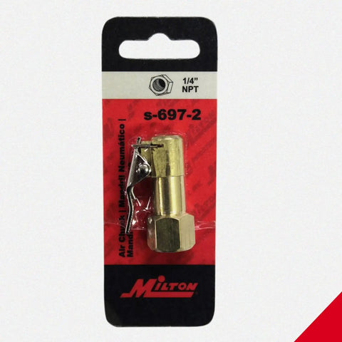 Euro Style 1/4 Inch FNPT Air Chuck With Easy-On Clip, Closed Sealing Type For Hands-Free Tire Inflation No Gauge Durable Valve Connector For Air Hoses on red packaging.