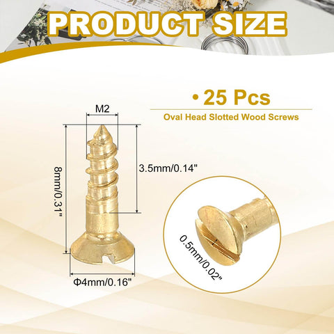 M2 x 8mm Slotted Wood Screws 25 Pack Solid Brass Oval Head Self Tapping Fasteners with size details