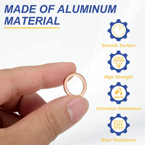 Hand holding a copper M12 Flat Washer, showcasing aluminum material, used as drain plug gaskets for vehicles.