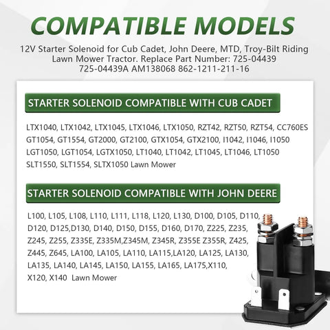 12V Starter Solenoid For Riding Lawn Mowers And Tractors Compatible With John Deere Cub Cadet MTD Troy Bilt Trombetta Replacement Relay 725 04439 725 04439B GY22476 AM138068 862 1211 211 16 black solenoid with copper studs
