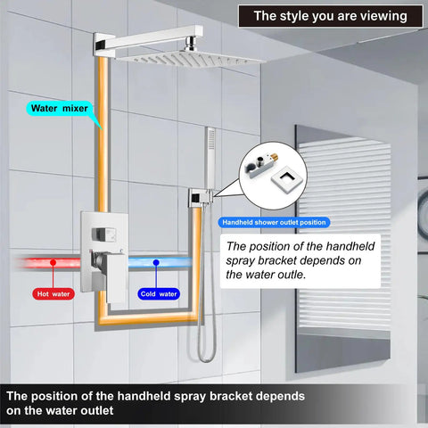 Wall Mount Shower System With Square Rain Shower Head And Hand Sprayer 12 Inch Polished Chrome Finish Rough In Valve Body And Trim Kit Included Dope Modern Look And Space Saving Design For Homes And Rentals, water mixer diagram