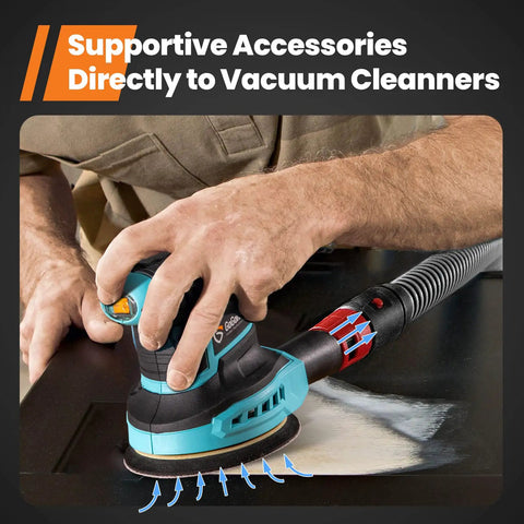 Person using Powerful 360W 6 Speed Orbit Sander Kit with 5 Inch Random Orbital Sander connected to vacuum adapter for woodworking.