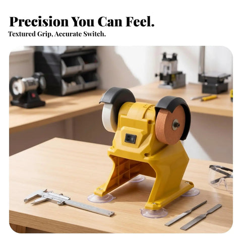 Kickass Compact Bench Grinder Featuring Dual Wheel Sharpening And Polishing Rig With Rugged Suction Base on workbench.