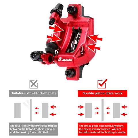 Z00M HB-100 hydraulic disc brake caliper set in red for front and rear MTB bikes, aluminum alloy