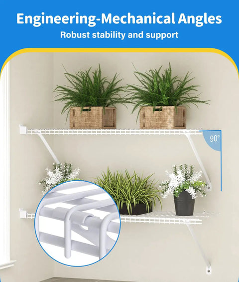 Six Pack White Wire Shelf Brackets For Twelve Inch Closets With Heavy Duty Anchors Screws And Clips for stable wall mounting with plants.