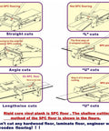 Diagrams showing cutting techniques of 13 Inch Pro Vinyl Floor Cutter LVT 330 Beast for SPC vinyl planks, including straight and angle cuts.