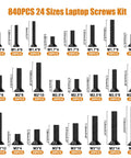 Top Shelf Laptop Screws Kit With 840 Pieces Featuring 24 Precise Sizes showing various black screws for motherboard repairs and SSD mounting.
