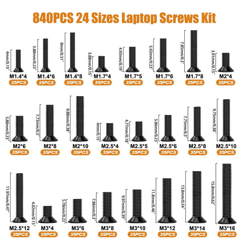 Top Shelf Laptop Screws Kit With 840 Pieces Featuring 24 Precise Sizes showing various black screws for motherboard repairs and SSD mounting.