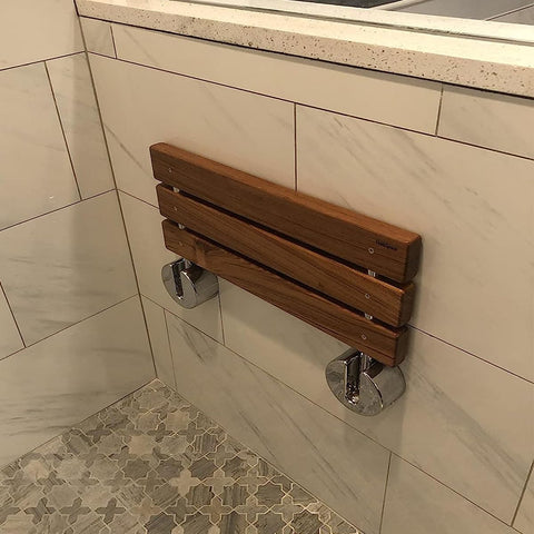 20-Inch Teak Folding Shower Seat Bench With Wall Mount, Fold-Down Shower Chair For Inside Showers, 400 Lb Capacity, mounted on wall