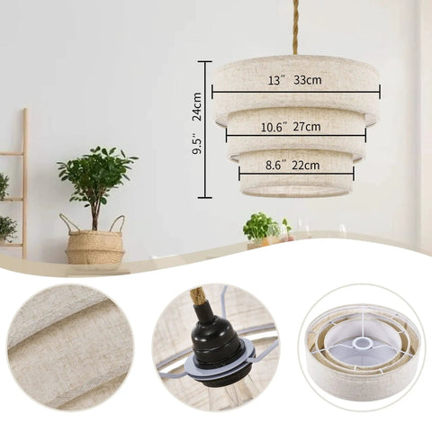 Three Tier Drum Linen Plug In Pendant Light With Fifteen Foot Hemp Rope Cord E26 Dimmer Switch Hanging Fixture dimensions