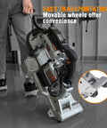 Person transporting Powerful 10 Amp Portable Band Saw With Lightweight Aluminum Base 5 Inch Deep Cut Variable Speed Handheld Automatic Cut Carrying Wheels Multipurpose Metal And Wood Cutter For Pro Metalworking And DIY Projects.