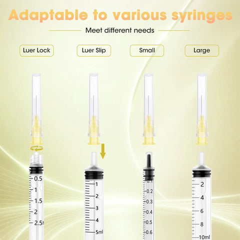 Image showing adaptability of 100 Pack 30 Gauge Luer Lock Needles 5/16 Inch Sterile Disposable Tips with various syringes.