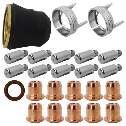 IPT40 Plasma Cutter Consumables Kit For YESWELDER Cut 55DS Pro And Cut 65DS including electrodes, nozzles, shield cups.