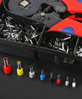 Close-up of Crimp Tool Kit With 1200 Wire Terminals And Insulated Connectors For AWG 23 To 7, various ferrules displayed.