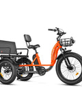 Two Seater Adult Electric Trike With 750 Watt Rear Motor And Chunky Fat Tires For Effortless Street Cruising Featuring Front Suspension Ul Certified Battery Heavy Duty Frame Long Range Passenger Ebike In Vivid Orange side view showing dual seats and fat tires.