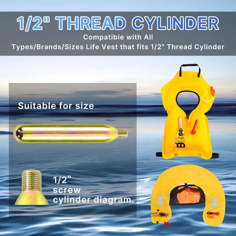 Diagram of 1/2 inch thread cylinder for 33 Gram CO2 Cartridge Rearming Kit For Inflatable Life Jackets With Half Inch Threaded Cylinders Rapid Inflation Compatible With 3042C And C3042C Includes Tough D Rings For Attaching Accessories