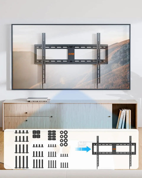 No Sweat Vesa Tv Mounting Hardware Kit Complete M4 M5 M6 M8 Screws With Washers And Spacers displayed with wall mount.