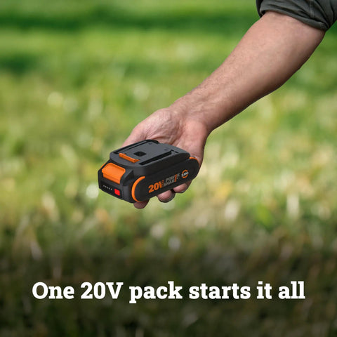 Hand holding battery for Beast 20V Cordless Drill Driver With Brushless Motor, 445 Inch-Pound Torque, 2-in-1 Drill and Driver