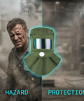 Heavy Duty Sandblasting Hood with Curved PC Lens and Thickened Canvas Shawl Cover for Grinding Polishing and Painting, with protective shield shown.